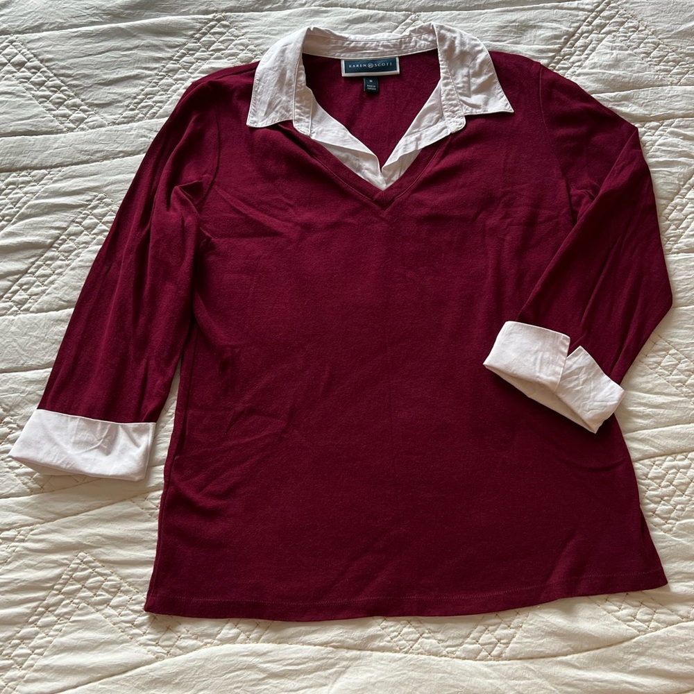 Karen Scott Maroon Sweater w/Collar & Cuffs